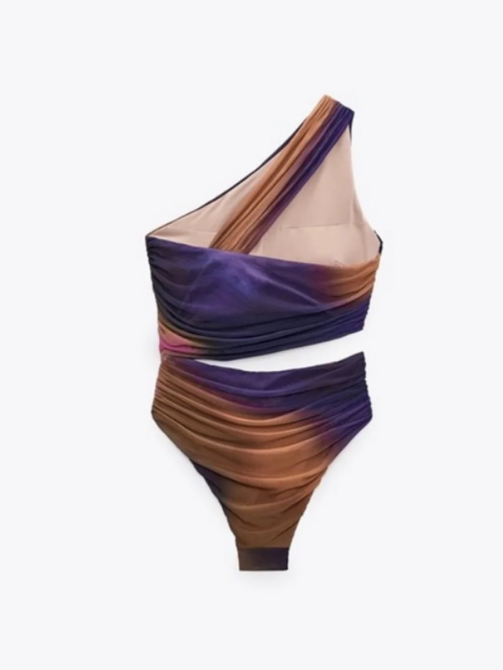 Zara Printed Tulle Swimsuit Asymmetric Neckline Ruched Fabric Size S NWT - Picture 4 of 8